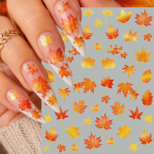 Fall Nail Art Stickers 2 Sheets 5D Embossed Autumn Maple Leaf Nail Decals Self Adhesive Thanksgiving Day Nail Design Decals Fall Maple Leaves Nails Stickers for Women Thanksgiving Day DIY Manicure - color: Orange Fall