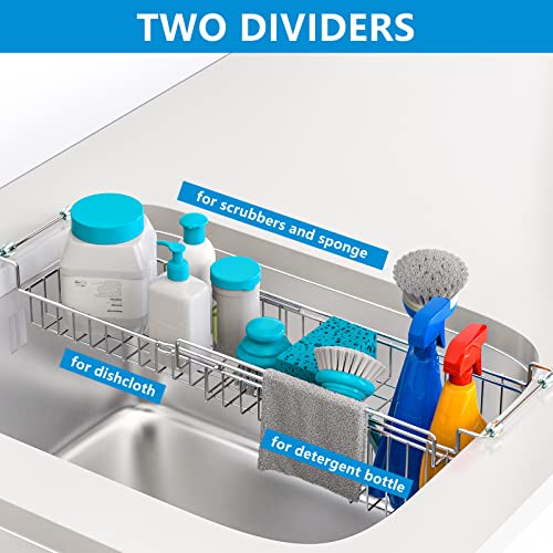 Over The Kitchen Sink Caddy Sponge Holder Organizer Drying Rack Expandable for Sponge Brush Soap Dish Cloth Rag Smaller 14.5" to 22", Stainless Steel - size: 14.5" to 22"