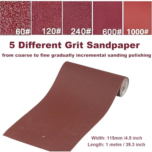 Sandpaper Roll 60# 120# 240# 600# 1000#, 5 PCS Aluminum Oxide Abrasive Emery Cloth Roll for Dry & Wet Grinding Sanding Polishing (Length 1 metre, Width 115 mm) - size: 5 Metre, style: 60/120/240/600/1000 Grit