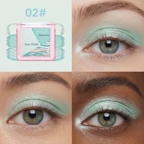 Green Teal Shimmer Baked Eyeshadow Palette, 3 Color High Pigment Blendable Eye Shadow Makeup for Older Women, Travel Mini Palette Suitable for All Eye Shapes, Vegan Cruelty-Free Soft Smokey Look 02# - color: M-#02