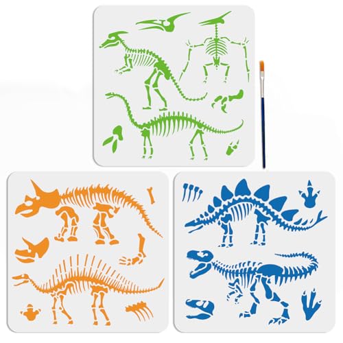 MAYJOYDIY 3pcs Dinosaur Skeleton Stencil Template Stegosaurus Triceratops Tyrannosaurus Rex Stencils 11.8×11.8inch with Paint Brush Dinosaur Footprint Stencils for Painting DIY Craft Window Wood - color: Dinosaur Skeleton