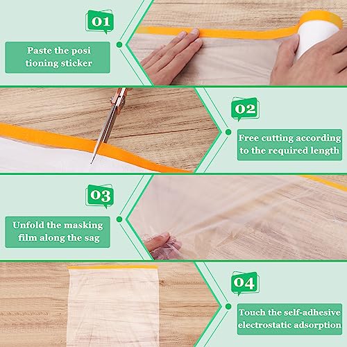 4 Rolls Pre-Taped Painting Masking Film, 3 Sizes