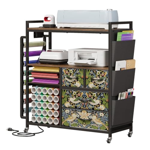 Rolling Craft Organizer and Storage Compatible with Cricut Machine Cart - color: Rustic Brown (Strawberry Thief)
