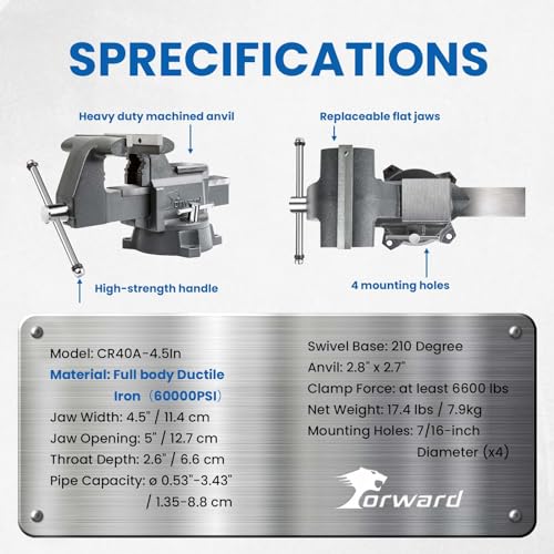 Forward CR40A 4.5 Inch Bench Vise Heavy Duty with Anvil and 210°Swivel Base - size: 4.5 Inch