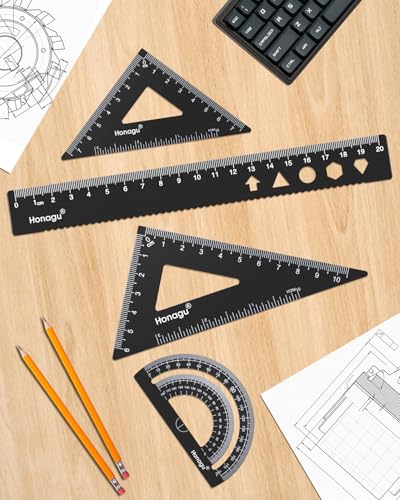 Honagu Triangular Ruler Set, 4 Pieces Aluminum Alloy Ruler, Metal Drafting Ruler, Geometric Protractor for Students, Draftsmen, Engineers, Home School Office Supplies (20cm/7.87inches, Black) - color: Black, size: 20cm