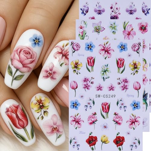 3D Flower Nail Stickers Decals 12 Sheets Spring Summer Floral Butterfly Ocean Nail Art Decals Self-Adhesive Tropical Hibiscus Fish Sea Star DIY Nails Decoration Manicure Accessories for Women - style: Tropical Flower
