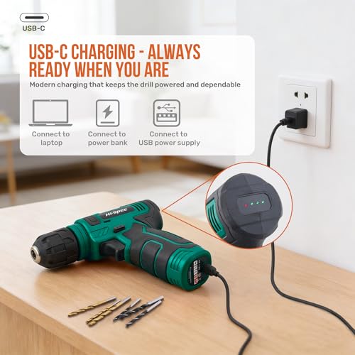 Hi-Spec 8V USB Power Drill Driver and Home Tool Kit with Toolbox Set, Green - color: Green, size: 130-Piece