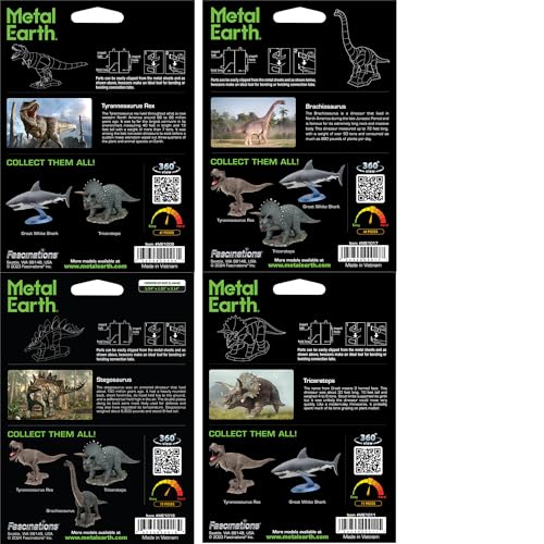Metal Earth 3D Metal Model Kits Color Dinosaurs Set of 4 - Stegosaurus - Tyrannosaurus Rex - Triceratops - Brachiosaurus with Tweezers