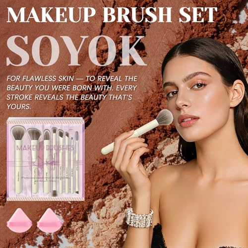 8 Pcs Makeup Brush Set, Premium Synthetic Makeup Brushes with 2 Puffs - color: White