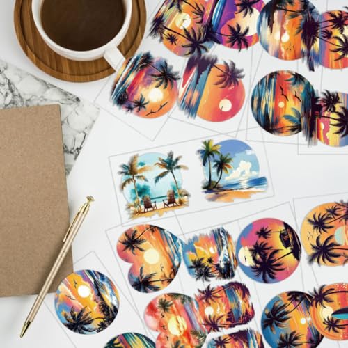 arricraft 10 Pcs Hawaii Theme Cup Printing UV Transfer Papers, 10 Styles Coconut Trees Ocean UV DTF Cup Wrap Stickers for 16 OZ Glass Cups Crafts 9.5x4.3inch - style: Colorful Hawaii Theme