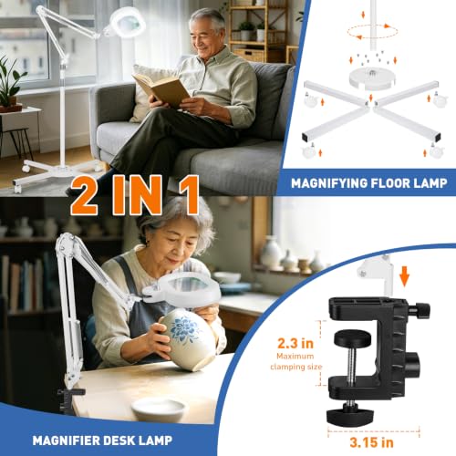 Floor Magnifying Glass with Light, 4 Wheel Stable Stand Base 12X - color: White