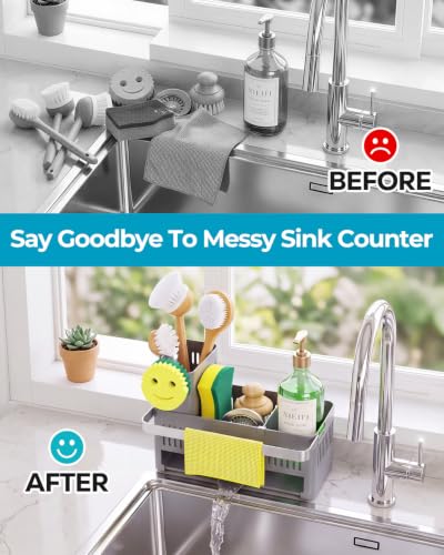 Nieifi Sponge Holder, Grey Rustproof ABS Sink Caddy with Towel Rack - color: Gray