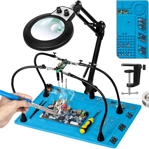 Helping Hands Soldering Station, 10X 30X Magnifying Glass with Light - color: Blue, size: 10.65×15.4-Inch(30X&10X)