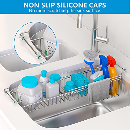 Over The Kitchen Sink Caddy Sponge Holder Organizer Drying Rack Expandable for Sponge Brush Soap Dish Cloth Rag Smaller 14.5" to 22", Stainless Steel - size: 14.5" to 22"