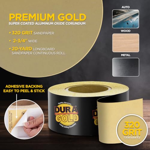 Dura-Gold Gold PSA Longboard Sandpaper, 320 Grit, 20 Yard Roll, 2-3/4" Wide - size: 320-Grit