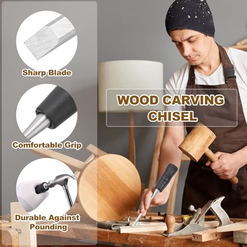 PATIKIL Wood Carving Chisel, 38 mm Professional Woodworking Hand Carving Tool with Steel End for Whittling, Detail Carving, DIY Crafts, Black/Silver - size: 38 mm