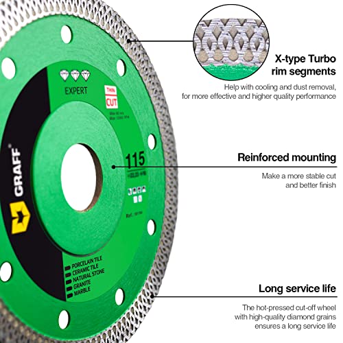 GRAFF Super Thin 4 ½ Inch Porcelain and Ceramic Tile Diamond Blade - Diamond Cutting Wheel for Hard Tile, Ceramic, Natural Stone, Marble, Granite, Porcelain - Diamond Saw Blade for Angle Grinder - size: 1 Pack 4 ½ Inch (115 mm), style: Ceramic Blades