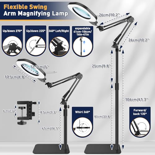 15X Real Glass Standing Magnifying Glass with Light and Stand, 3-in-1 Adjustable Magnifying Floor Lamp & Desk Lamp with Clamp, LED Dimmable Swing Arm Magnifier, Hands Free for Reading Crafts Repair