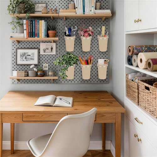 Pegboard Cups With Loops 6 Pack Peg Board Organizer Pencill Holders (Khaki) - color: Khaki
