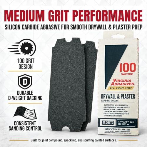 Virginia Abrasives Drywall & Plaster Sandpaper Sheets,4.18"x11.25",100 Grit - style: Medium
