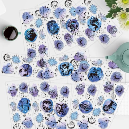 12 Sheets UV DTF Cup Wrap Transfer Stickers, Star Sign Rub on Decals Scorpio Leo Virgo UV DTF Cup Wraps Zodiac Sign Waterproof Personalized Stickers for Bottles Drink Jam Container - style: Star Signs