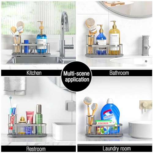 Sink Caddy Sponge Holder for Kitchen with Stone Drying Mat & Brush Holder - color: Silver