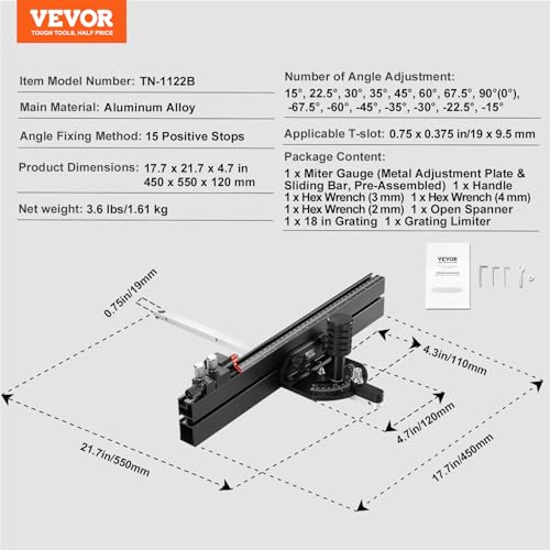 VEVOR Precision Miter Gauge with 18 in Fence, Standard Slot 3/4'' x 3/8'' - size: 18 Inch