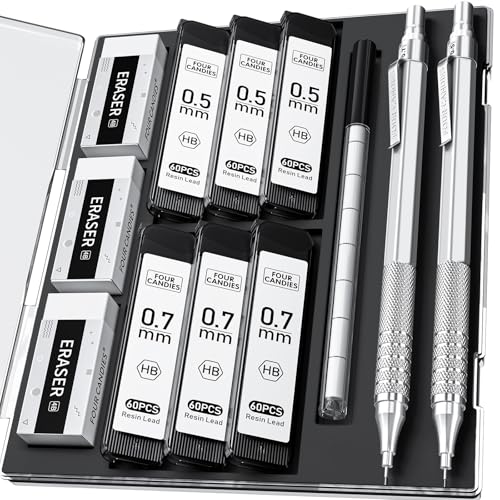 2PCS Metal Mechanical Pencil Set, 0.5mm+0.7mm, Storage Case, Silver - color: Silver (2PCS)