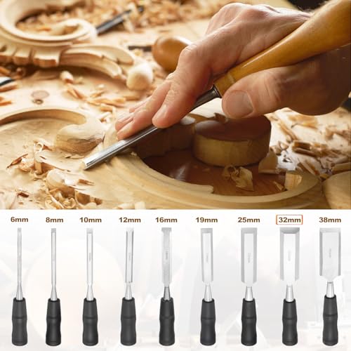 PATIKIL Wood Carving Chisel, 32 mm Professional Woodworking Hand Carving Tool with Steel End for Whittling, Detail Carving, DIY Crafts, Black/Silver - size: 32 mm