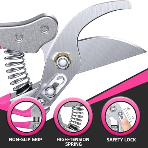 DECERK® 8.5" Bypass Pruning Shears for Women, Lightweight Garden Clippers - color: Pink