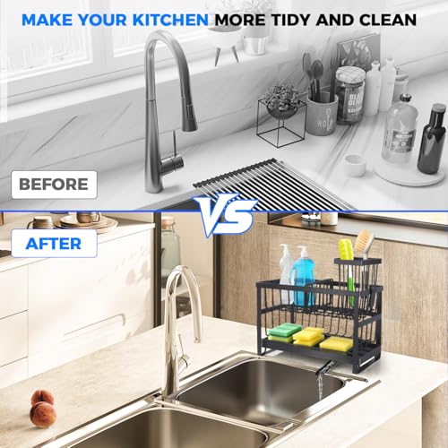 2-Tier Sink Sponge Caddy Organizer | Self Drain Sink Caddy with Dish Brush Holder | Non Toxic Kitchen Sink Accessories for Sponges, Brushes & Soap (Black) - color: Black