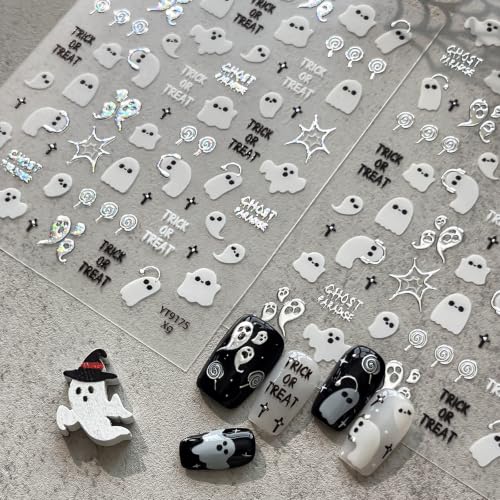 1 Sheets Halloween Nail Stickers for Nail Art Cute Music Ghost 5D Embossed Self Adhesive Nails Decals Gothic Silver Ghost Nails Supplies Spider Web Manicure Design for Women Nails Decoration - color: Halloween Spider Web