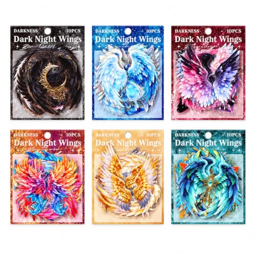 60 Pcs Angel Feather Wings PET Stickers, Gothic Fairy Decals Set - color: Wings of the Dark Night