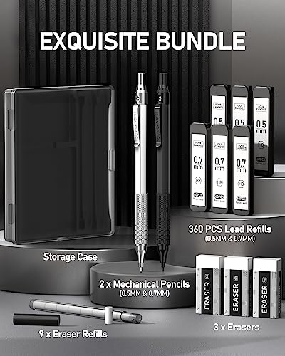 2PCS Metal Mechanical Pencil Set, 0.5mm+0.7mm, Storage Case, Black＆Silver - color: Silver+Black (2PCS)