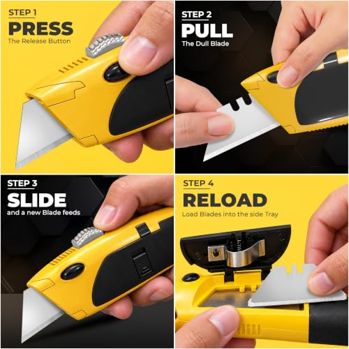 Auto Reload Utility Knife with 10 Preloaded SK5 Blades, Heavy Duty Box Cutter Retractable and Razor Knife with Non-Slip Rubber Handle and Lanyard Hole