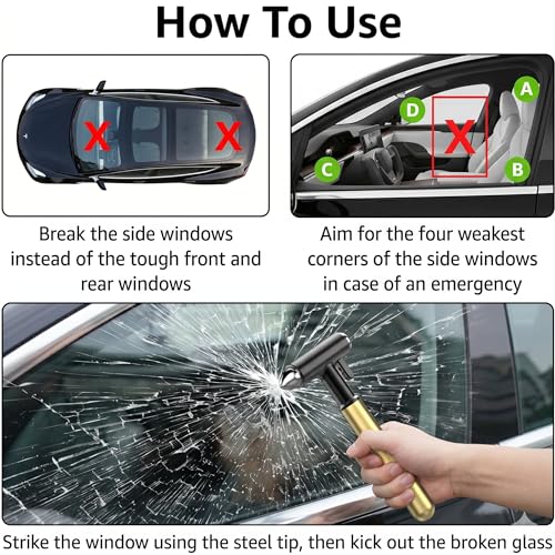 Alloy Car Window Breaker with KM46 Tungsten Tip, 3-in-1 Glass Breaker & Seatbelt Cutter & Escape Hammer Car Emergency Rescue Tools for Tesla Model 3/Y/S/X/Cybertruck Accessories (Gold) - color: Gold