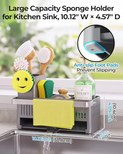 Nieifi Sponge Holder, Grey Rustproof ABS Sink Caddy with Towel Rack - color: Gray