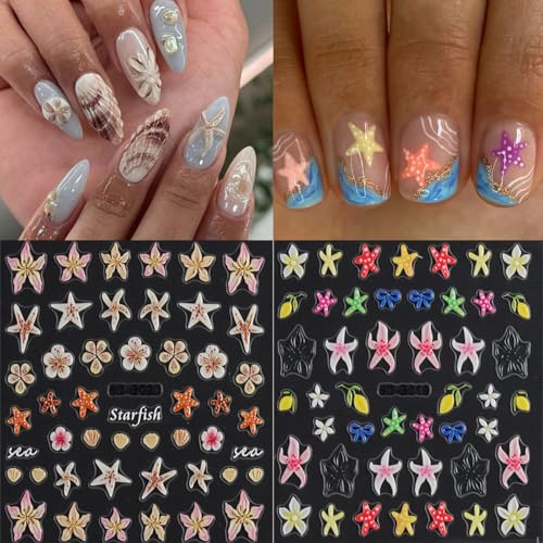 2Pcs Summer Nail Art Stickers 5D Embossed Self-Adhesive Nail Decals Starfish Bow Flower Sea Nail Design Stickers Summer Beach Theme Nails Art Supplies for Women Manicure Decorations - style: starfish flower