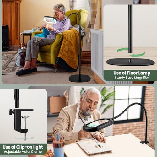 12X Magnifying Glass with Light and Stand, Rectangular Real Glass Lens, 5 Color Modes, Stepless Dimmable, 24" Flexible Gooseneck 3-in-1 Floor Lamp, Lighted Magnifier Hands Free for Craft Hobby Reading
