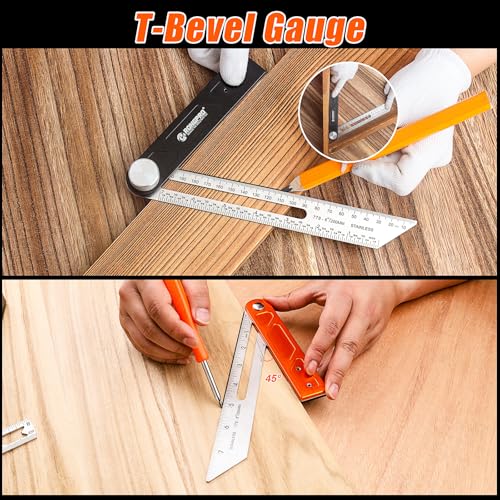 4Pcs Woodworking Tools -7''Aluminum Rafter Square,12''Adjustable Protractor Angle Finder,10'Woodworking Square Ruler and T-Bevel Gauge-1/16 Precision… - style: 4PCS