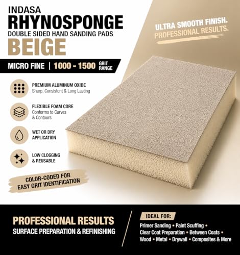Indasa Rhyno Double Sided Sanding Sponge Pads – Aluminum Oxide, 4.75" x 3.75" x 1/2" – Flexible Foam Sanding Block (100 Pack) (Beige – Micro Fine (1000–1500 Grit)) - color: Beige – Micro Fine (1000–1500 Grit)