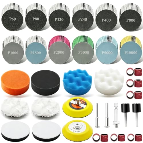 160PCS 3 Inch Sanding Disc Drill Polishing Kit, Headlight Restoration Kit, 60‑10000 Grit Wet Dry Hook and Loop Sandpaper, Drill Sanding Attachment for Car Headlight Metal Wood Resin Polishing - size: 3inch-KIT