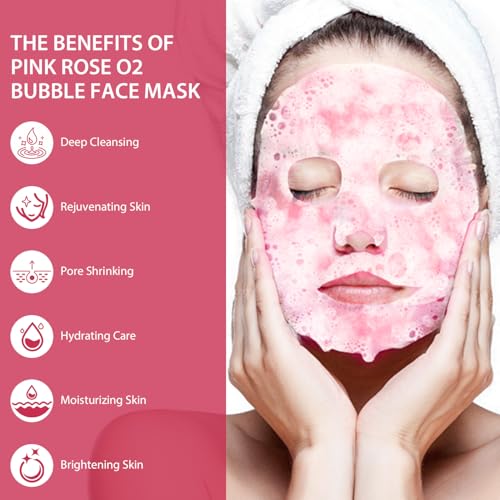IREV Pack of 10 Pink Rose O2 Bubble Face Masks Skincare, Spa Presents for Women, Bubble Face Sheet Mask Cleaner Foaming Purifying Facial Mask for Acne and Pores Moisturizing Beauty Sheet Masks