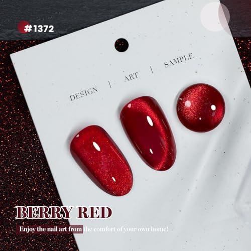 RARJSM Berry Red Glass Glitter Cat Eye Gel Nail Polish with Magnetic Stick - color: Berry Red