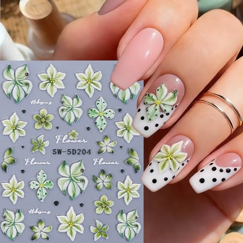 Flower Nail Art Stickers Decals 6 PCS 5D Embossed Hibiscus Decals for Nails Art Lily Hibiscus Starfish Jellyfish Daisy Bee Ladybugs Designs Summer Tropical Floral Nail Decoration for Women - style: 5D Hibiscus Flower