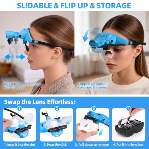 Rechargeable Magnifying Glasses with Light 1.5X-5X,Magnetic Headset - color: Blue
