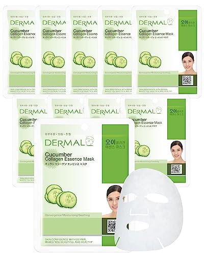 DERMAL Cucumber Collagen Cooling Sheet Mask, Soothing Hydration, 10 Pack - color: Cucumber