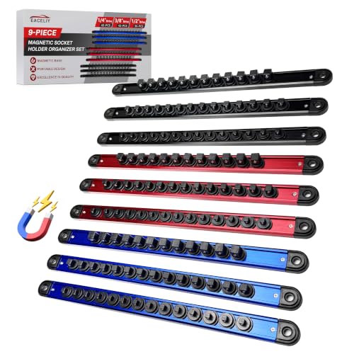 EACELIY 9PCS 1/4, 3/8, 1/2 Magnetic Socket Holder Organizer Set,ABS Tools-Socket Holder,Tool Box Drawer, Tool Cart, Garage Organization,Hold 120 PCS Size Sockets - size: 1/4, 3/8, 1/2 inch