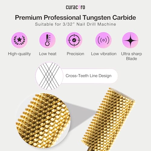 Curacoro Nail Drill Bits 3/32'' Large Barrel Carbide Bit (Medium) - color: Yellow Titanium - Large Barrel Bit, size: Medium