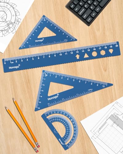 Honagu Triangular Ruler Set, 4 Pieces Aluminum Alloy Ruler, Metal Drafting Ruler, Geometric Protractor for Students, Draftsmen, Engineers, Home School Office Supplies (20cm/7.87inches, Blue) - color: Blue, size: 20cm